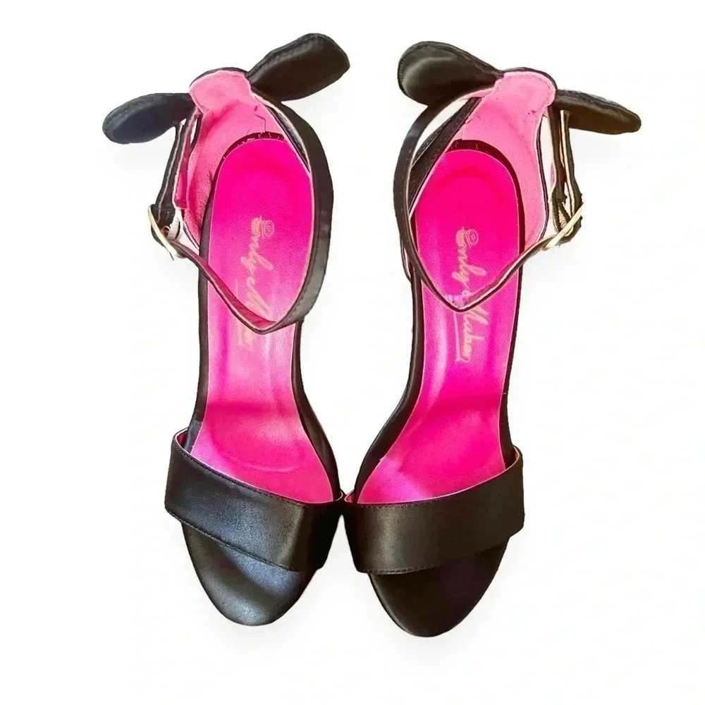 NEW Only Maker Bow Mouse Ears Satin Black Pink Stiletto Heels Size 37 (US 6.5-7)